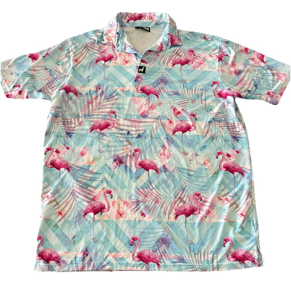 Lofty llama polo shirt mens XL blue pink flamingo print stretch golf